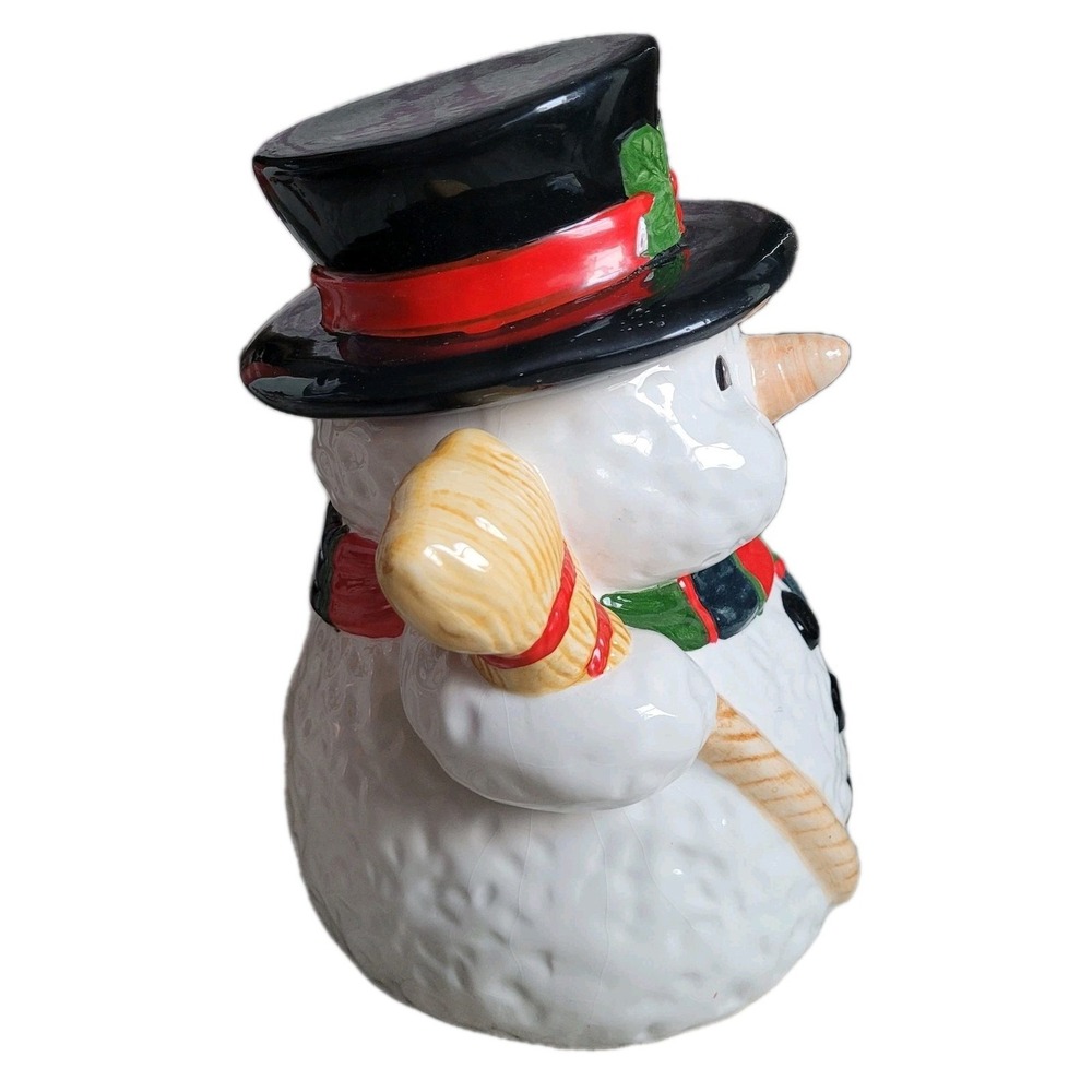 Vintage World Bazaars Ceramic Snowman Cookie Jar Holding Broom & Cardinal W Box! - Picture 3 of 10